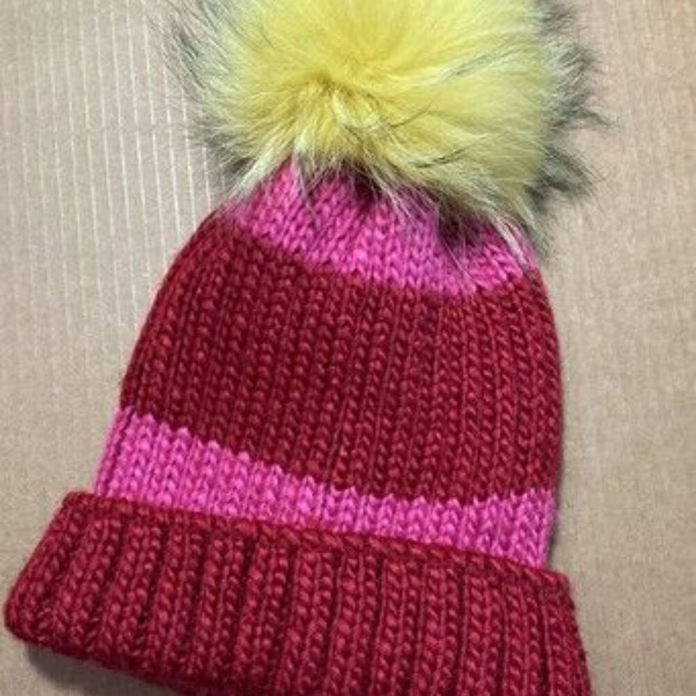 Hat Attack Telluride Stripe Knit Beanie With Raccoon Fur Pom Winter Hat